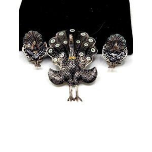 Siam Sterling 925 Enamel Articulated Peacock Pin Brooch and  Earring Set